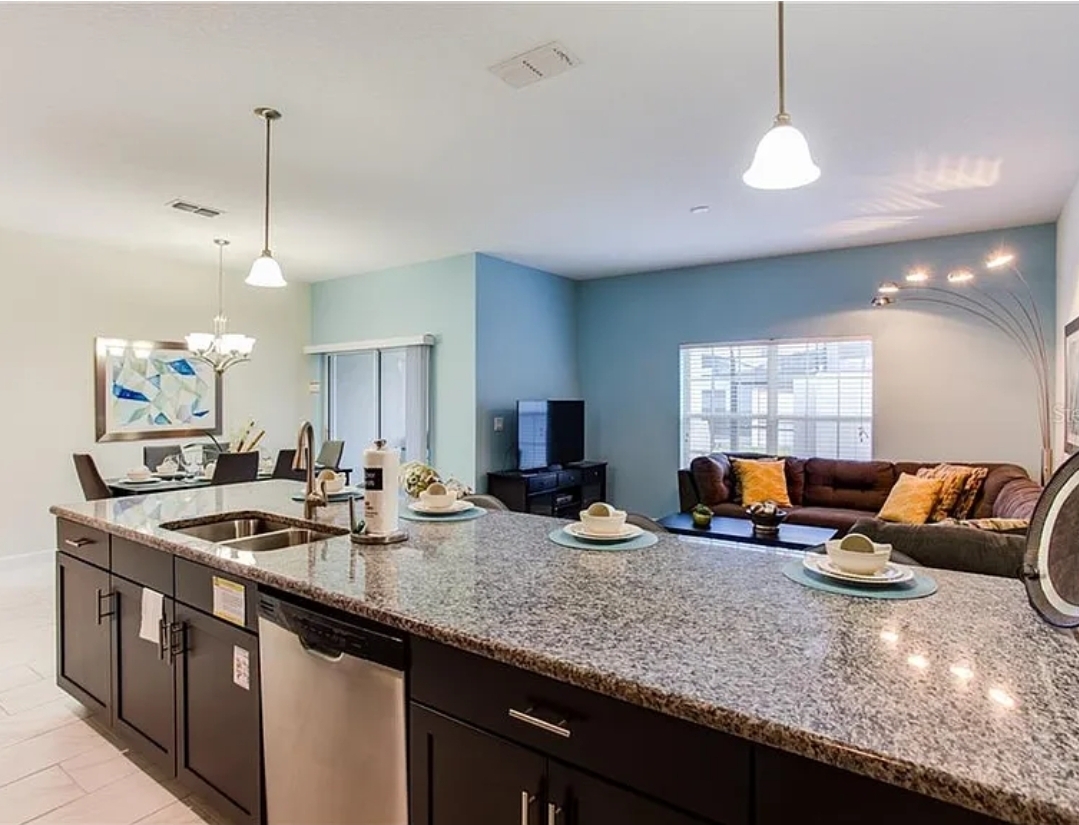 Polished kitchen island and open living area